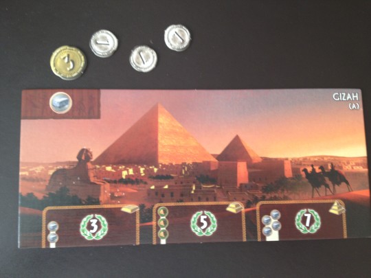 The player starts with the Gizah Wonder Board. As they are playing with the Leaders expansion, they start with 6 coins instead of 3.